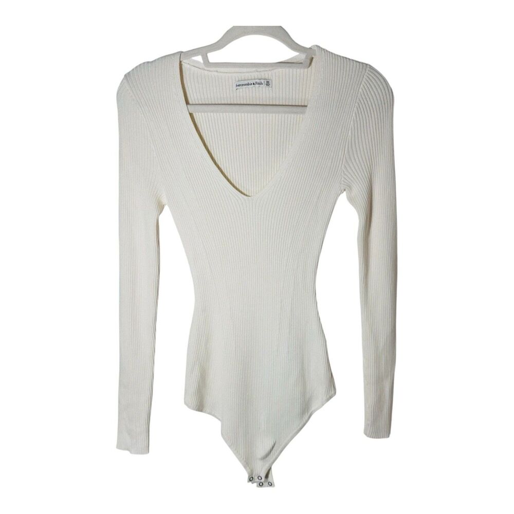 NWT Abercrombie & Fitch Cream Ribbed V Neck Long-Sleeve Bodysuit Sweater SZ XS